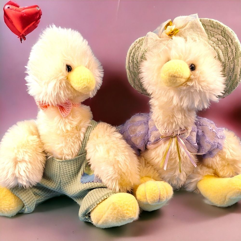 Handmade Fuzzy Duck Couple Bowtie Hat Lace Top Patchwork Overalls
